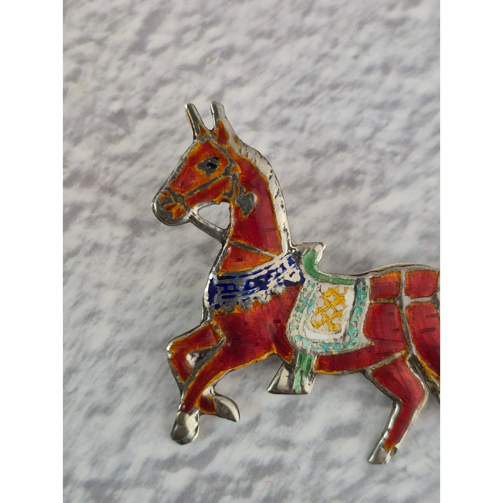 Vintage Siam Sterling Silver Enamel Horse Brooch Equestrian Pin Red Multi